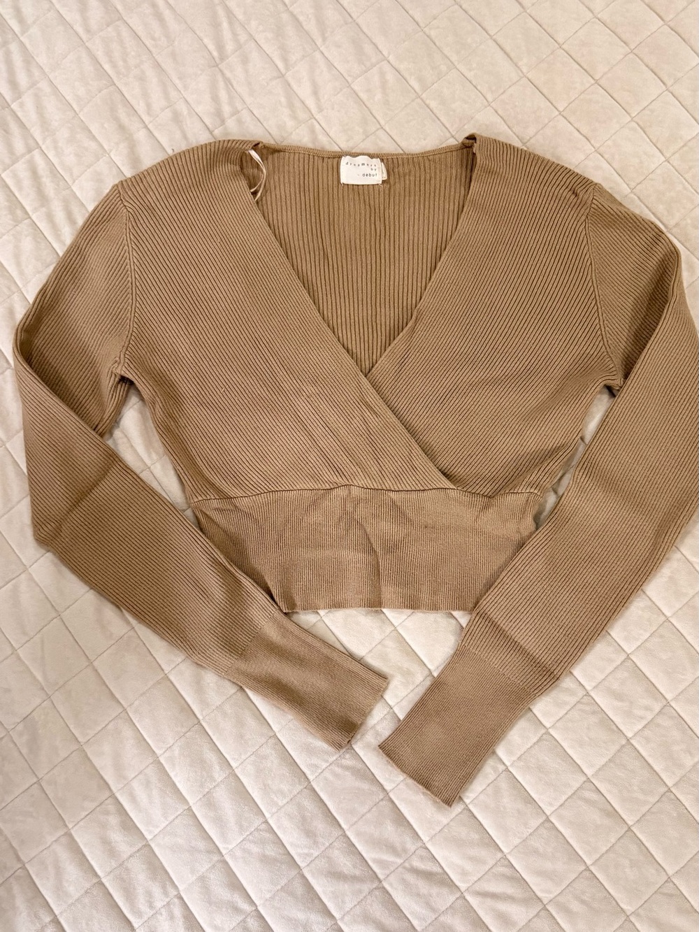 Fall V-Neck Ribbed Wrap Crop Sweater - Taupe